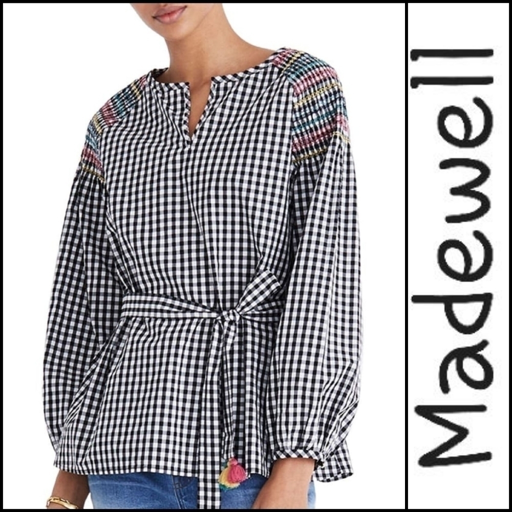 MADEWELL Gingham Smocked Blouse Tie Waist Top Blouse S! - Picture 2 of 7
